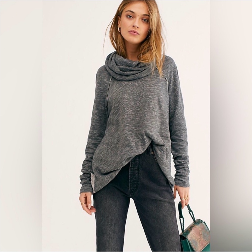 Free People FP Beach Heather Gray Cowl Neck Sweatshirt Medium Cotton Top Comfy